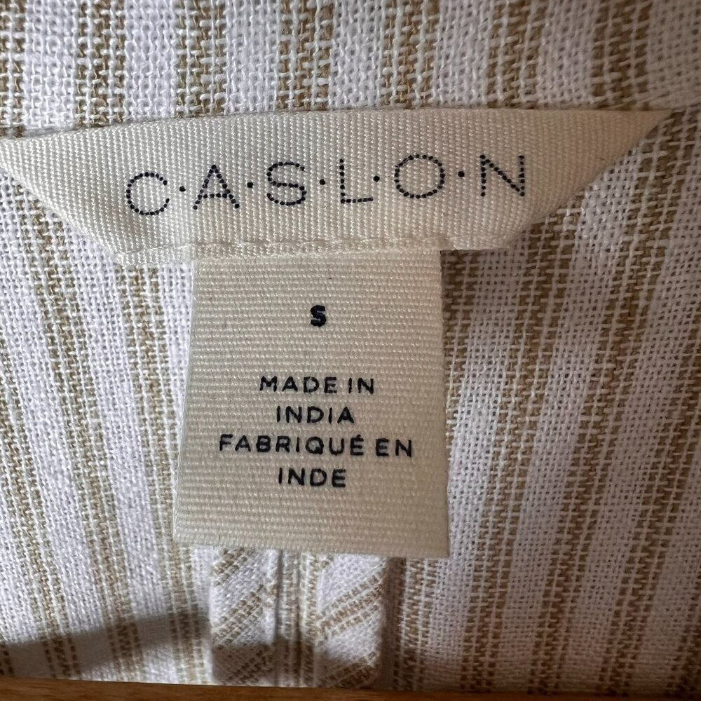 Caslon Blazer Womens SZ Small Tan & White Striped Open Front Linen Blend Coastal - Picture 2 of 16
